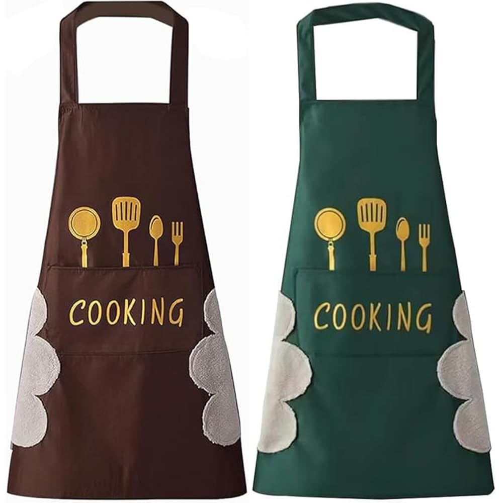 DOCAT Apron for Kitchen, Waterproof Kitchen Apron for Women with Big Front Pocket Hand-Wiping Towel, Washable PVC Apron for Women And Men Chef Cooking