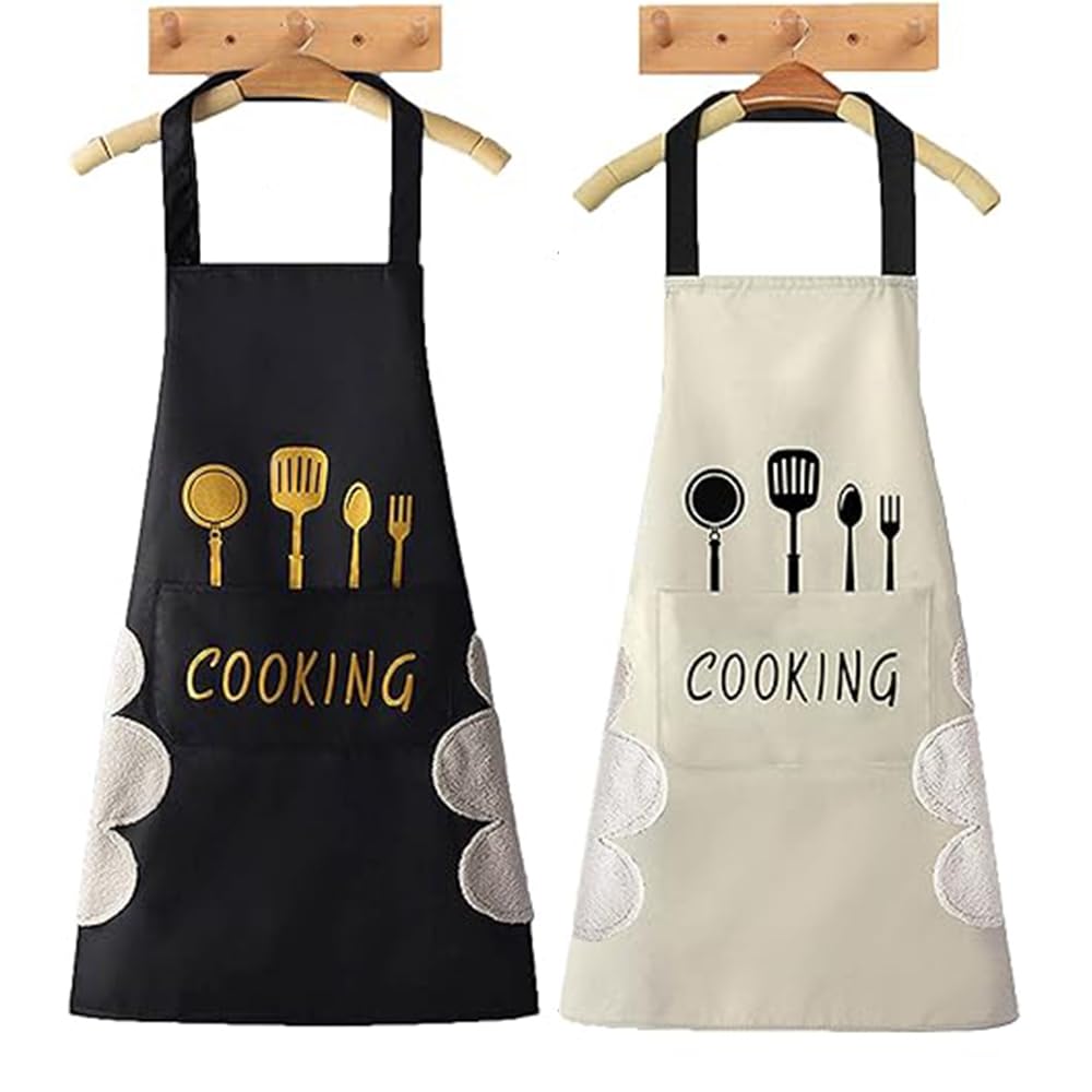 DOCAT Apron for Kitchen, Waterproof Kitchen Apron for Women with Big Front Pocket Hand-Wiping Towel, Washable PVC Apron for Women And Men Chef Cooking