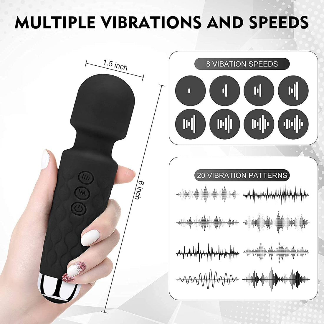 महिलाओं और पुरुषों के लिए फुल बॉडी मसाज, दर्द से राहत के लिए रिचार्जेबल वायरलेस मसाजर मशीन, मेडिकल ग्रेड सिलिकॉन के साथ हैंडहेल्ड मसाज, 8 स्पीड, 20 मोड, (काला) (बॉडी मसाजर पेन)